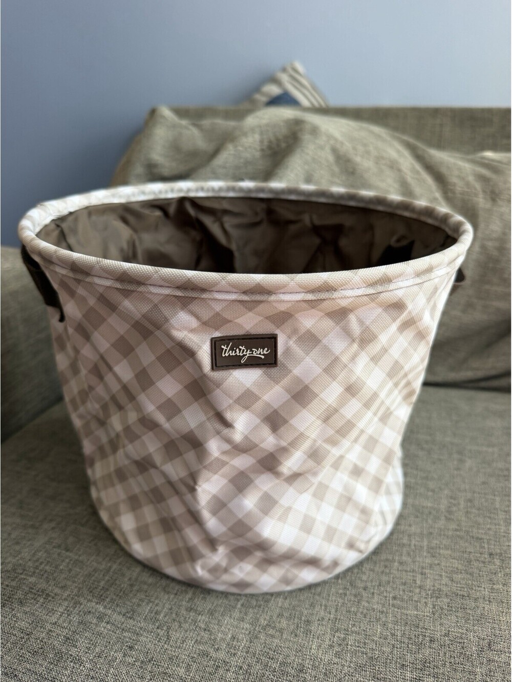 Thirty One Cinch Top Bin In Taupe Gingham 8.5x11 Round Storage